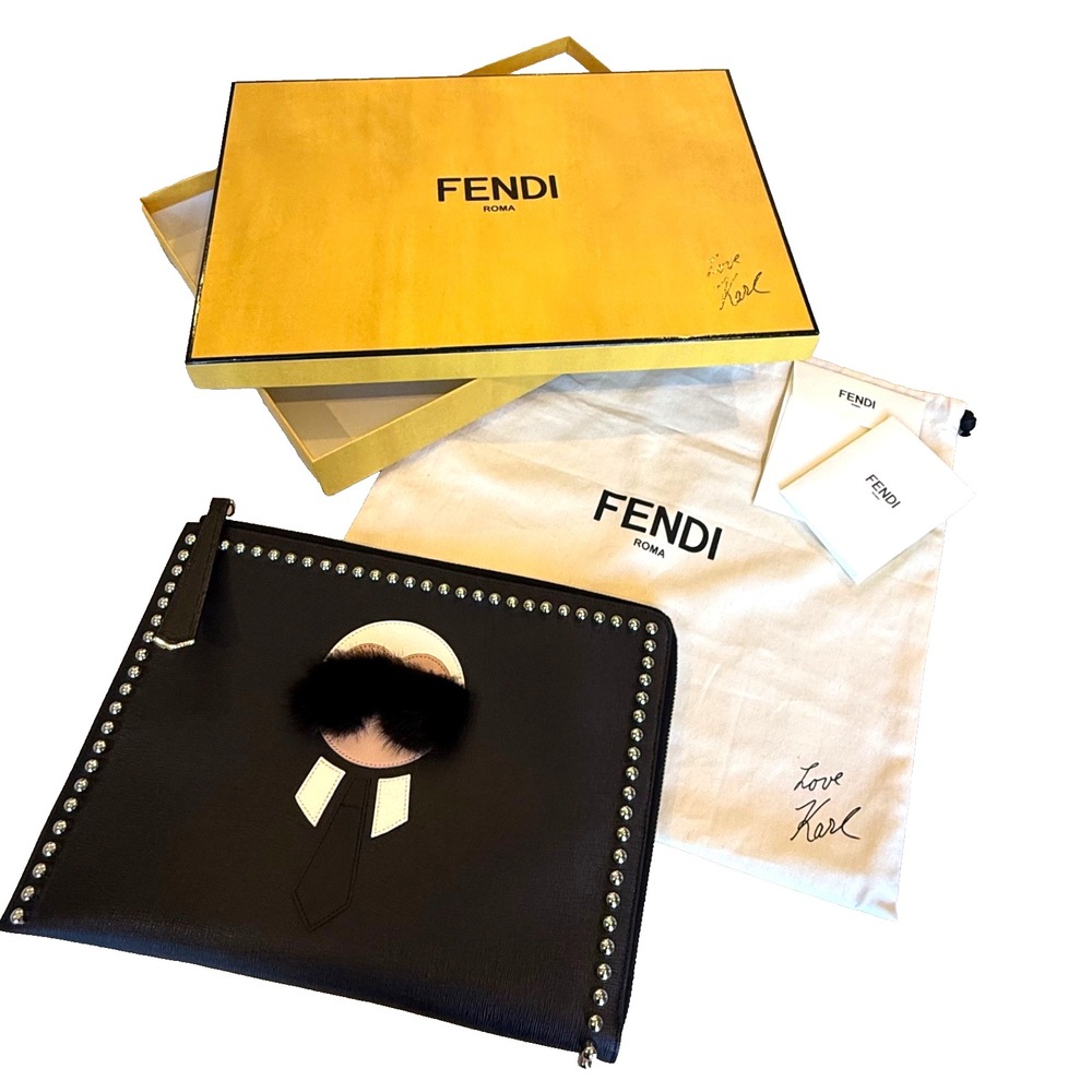 FENDI x Karl Lagerfeld Karlito Black Leather Vtg Clutch Bag Studs/Fur 8M0370-7MP